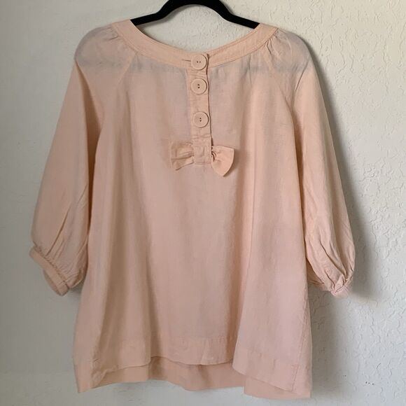 Sandro Shirt Women Large Pink Peach Bow Linen Beach Coastal Lagenlook Breathable - Picture 2 of 8